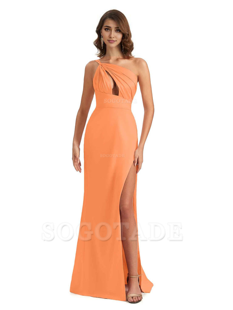 Sexy One Shoulder Silky Satin Unique Long Ladies Bridesmaid Dress For Wedding