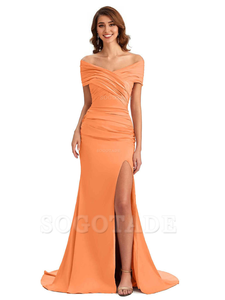 Sexy Off The Shoulder Side Slit Mermaid Satin Unique Long Formal Wedding Guest Dresses