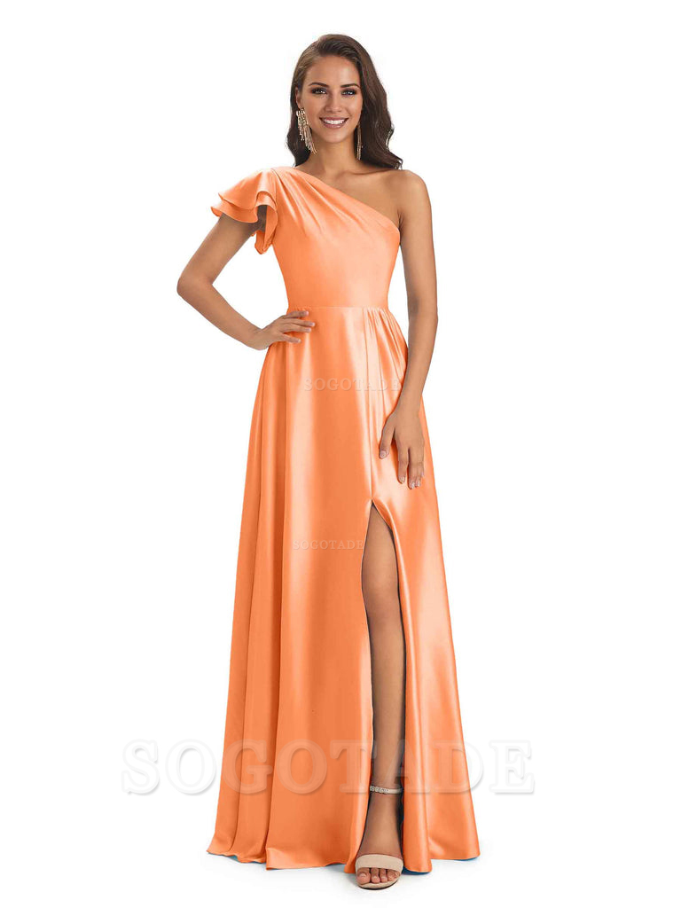 A-Line One Shoulder Ladies Long Bridesmaid Dresses Soft Satin Side Slit Elegant Evening Party Dress