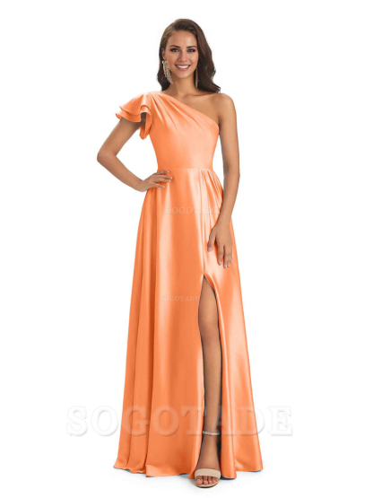 A-Line One Shoulder Ladies Long Bridesmaid Dresses Soft Satin Side Slit Elegant Evening Party Dress
