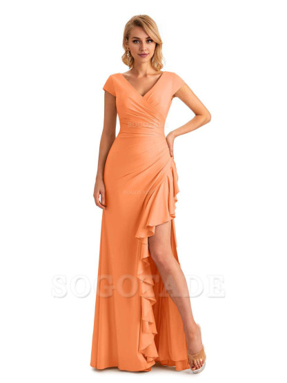 Sexy Side Slit Short Sleeves Mermaid Soft Satin Unique Long Maid Of Honor Dresses