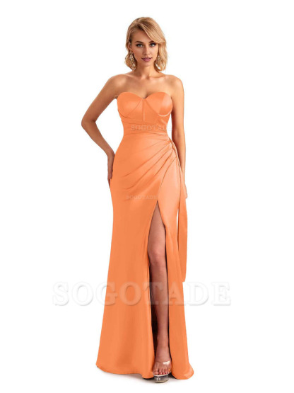 Sexy Side Slit Strapless Mermaid Soft Satin Unique Long Bridesmaid Dress For Wedding