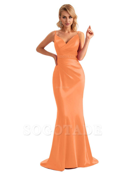  Sexy Backless Mermaid Spaghetti Straps Unique Long Formal Satin Dress For Women