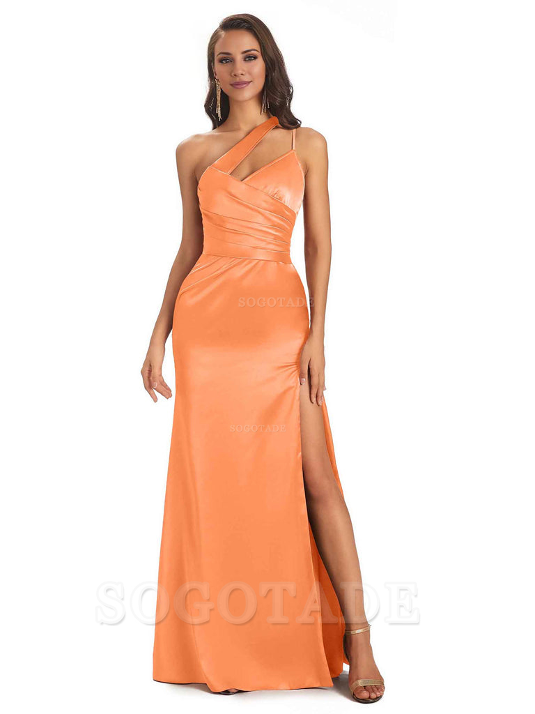 Elegant Soft Satin Side Slit One Shoulder Floor-Length Maxi Bridesmaid Dresses Evening Party Dress