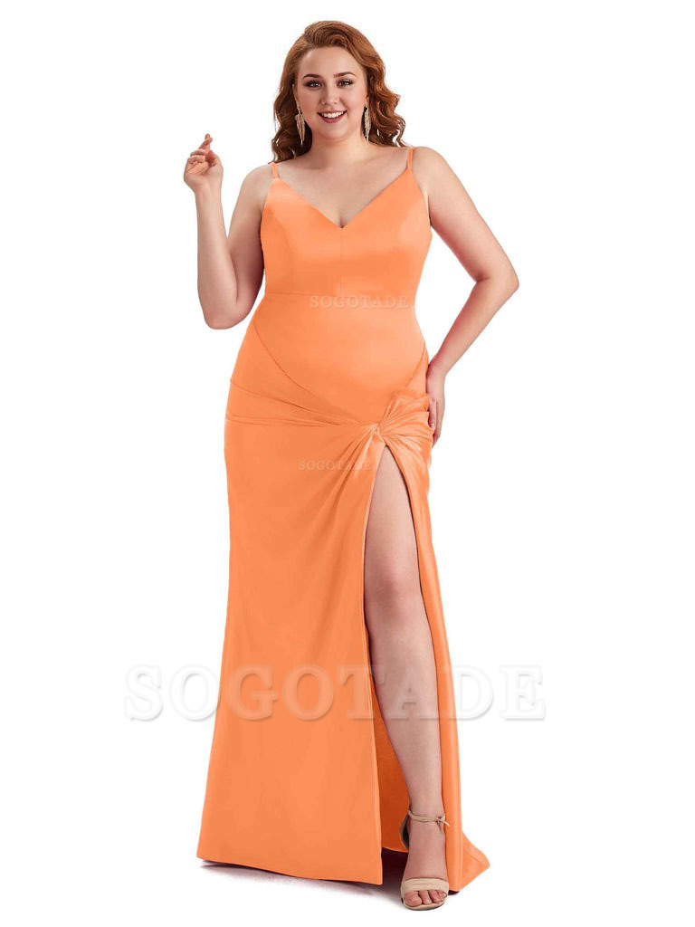 Sexy Spaghetti Straps V-neck Side Slit Mermaid Soft Satin Long Plus Size Bridesmaid Dress
