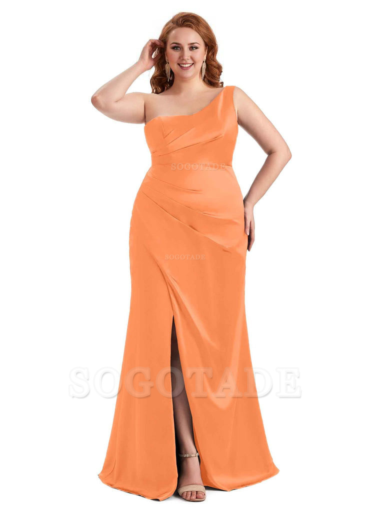 Sexy Side Slit One Shoulder Mermaid Long Plus Size Satin Maxi Dresses