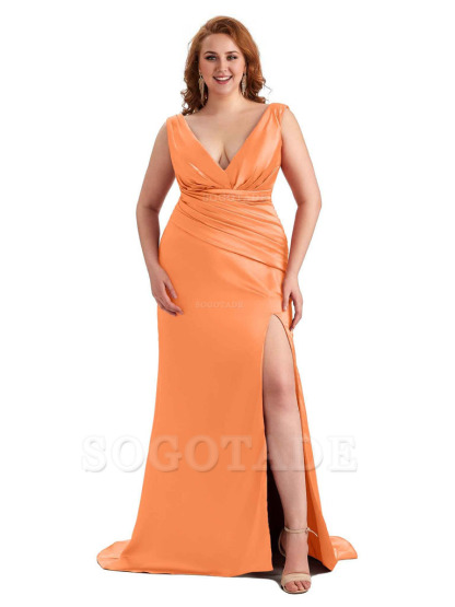 Elegant V-neck Side Slit Mermaid Soft Satin Long Plus Size Bridesmaid Dress For Wedding