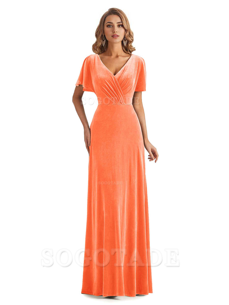 Elegant Mermaid V-neck Short Sleeves Unique Velvet Long Bridesmaid Dresses