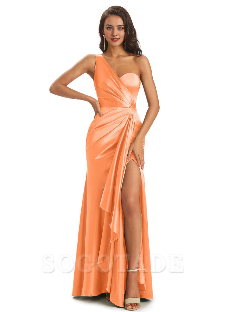 Elegant Soft Satin Side Slit One Shoulder Unique Mermaid Bridesmaid Dresses Online prom dresses shops