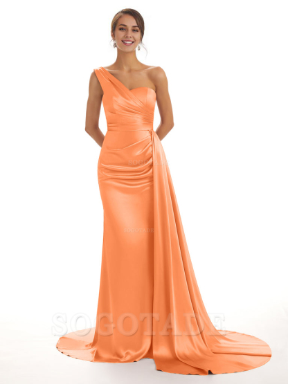 Elegant One Shoulder Soft Satin Unique Mermaid Long Bridesmaid Dresses Online prom dresses shops