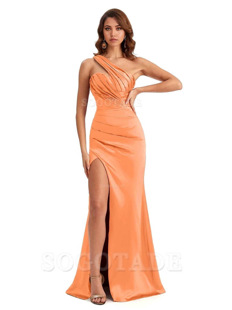 Sheath One shoulder Satin formal dresses evening gown Bridesmaid Dresses With Side Slit 