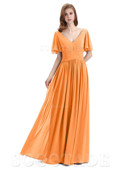 A-Line Chiffon Short Sleeves Elegant Floor-Length Bridesmaid Dresses Formal Women's Dresses Wedding Guests Dresses