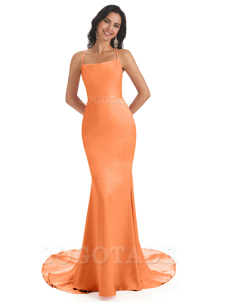 Mermaid Spaghetti Backless Straps Satin Long formal dresses evening gown Bridesmaid Dresses