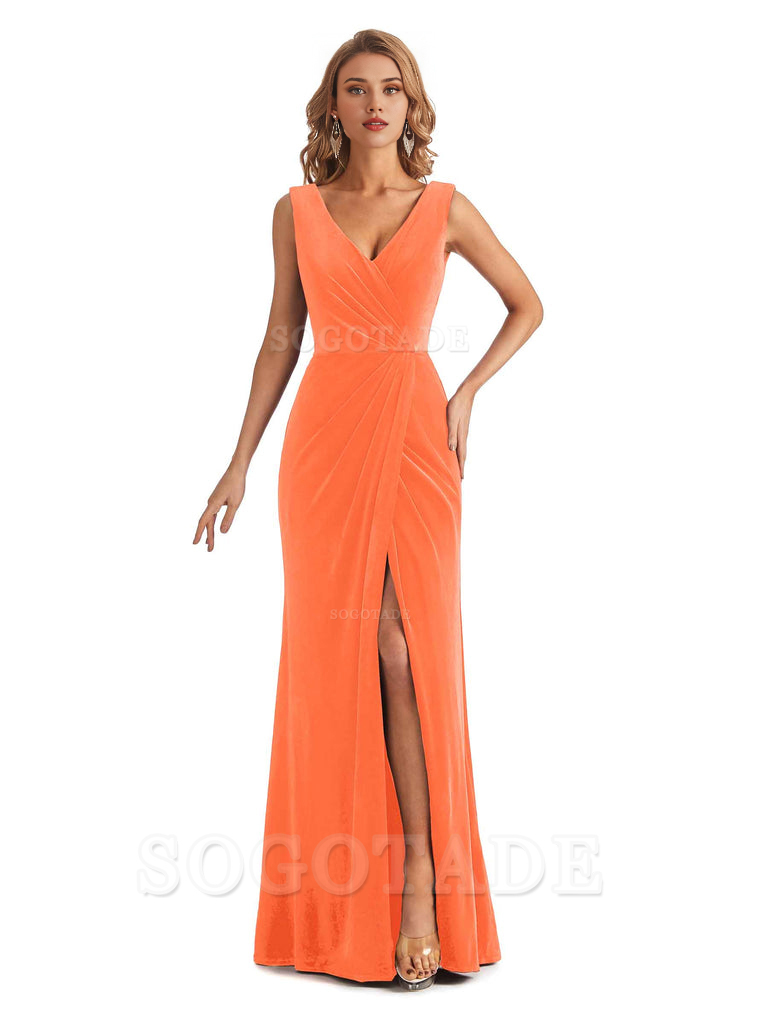 Sexy Deep V-Neck Sheath Velvet Side Slit Long Elegant Bridesmaid Dresses Formal Women's Dresses Wedding Guests Dresses