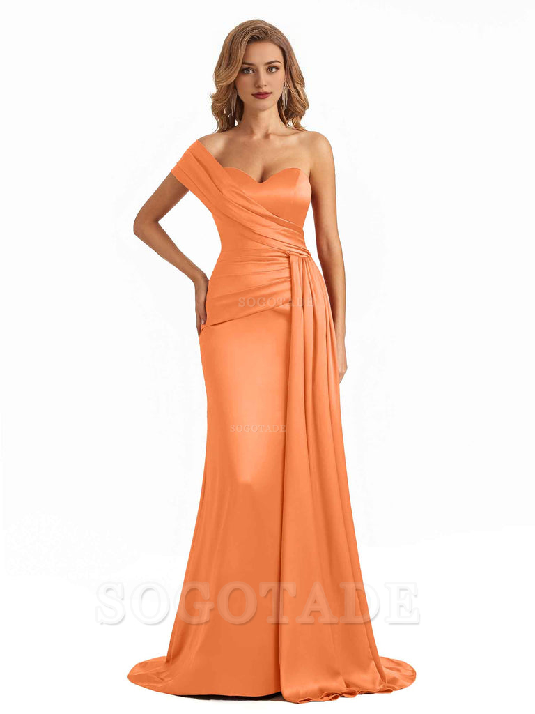 Elegant One Shoulder Soft Satin Long Mermaid Bridesmaid Dresses Online prom shop dresses ﻿