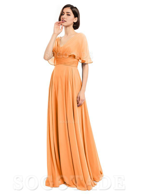  V-Neck Cap Sleeves Sleeves Chiffon Long Elegant Bridesmaid Dresses Formal Wear Dresses
