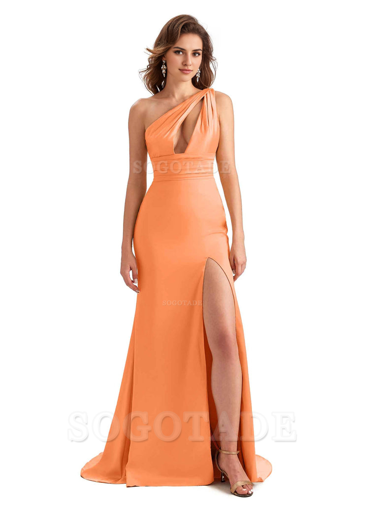 Charming Sexy Unique Side Slit Mermaid Silky One Shoulder Long Bridesmaid Dresses Formal Women's Dresses Wedding Guests Dresses