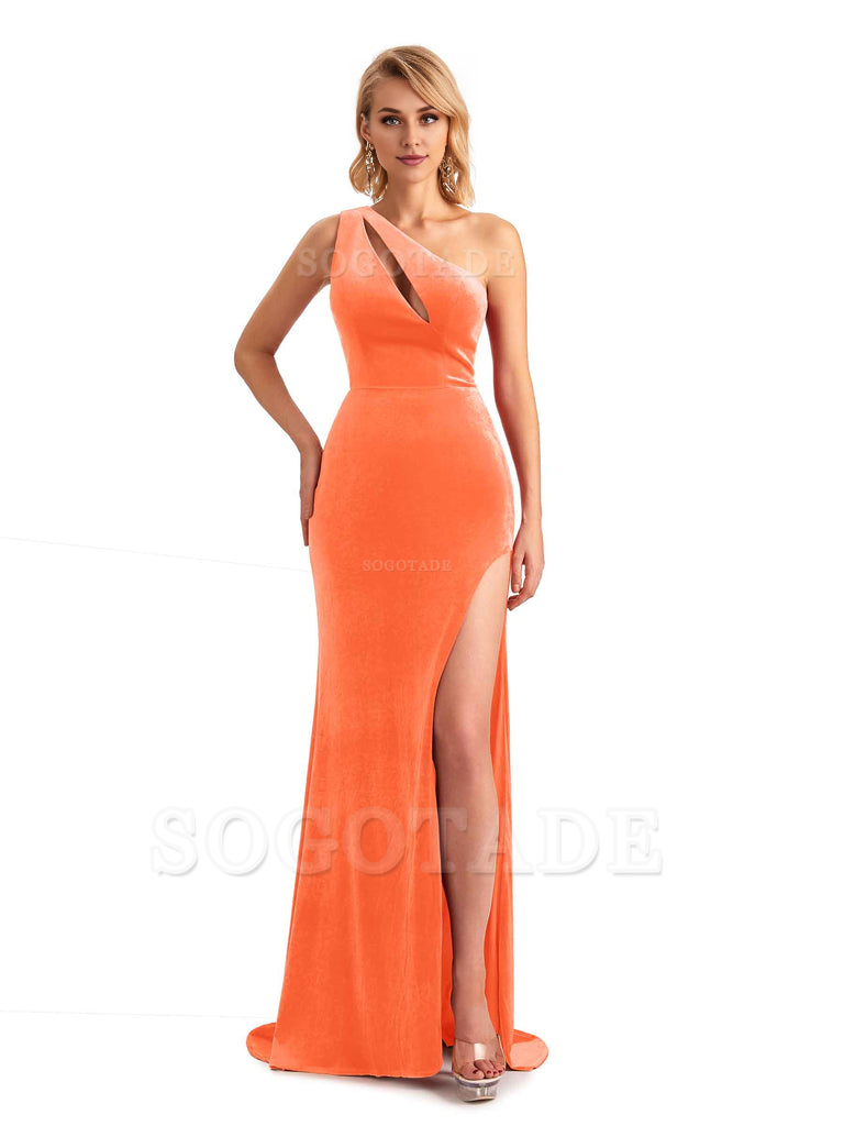 Sexy Sleeveless Floor Length Mermaid One Shoulder Side Slit Velvet Long Bridesmaid Dresses