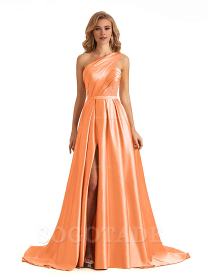 Sexy Side Slit One Shoulder A-Line Soft Satin Long Bridesmaid Dresses Online prom dress in store