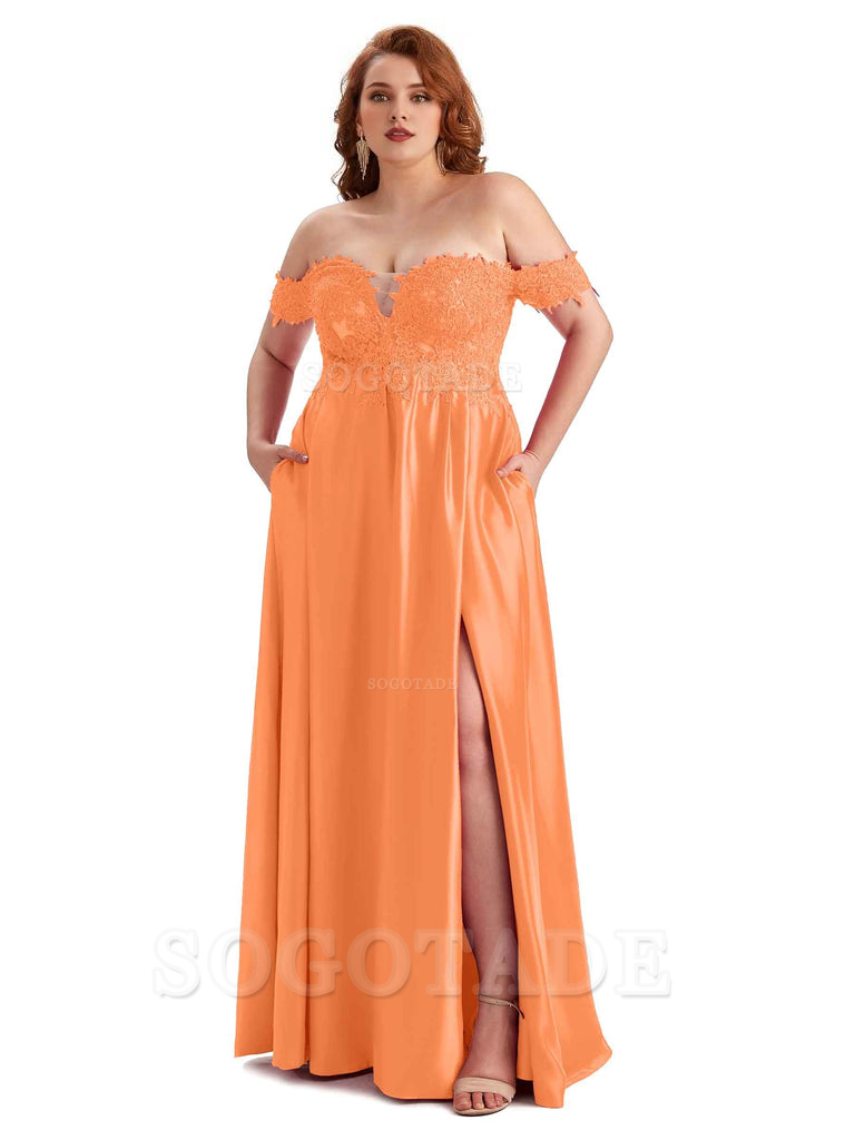 Off Shoulder Side Slit Lace Soft Satin Long Plus Size Bridesmaid Dresses For Wedding