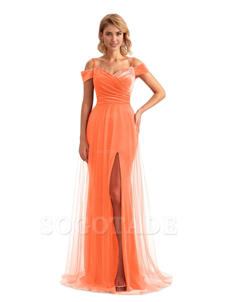 Elegant Mermaid Spaghetti Straps Floor Length Cold Shoulder Side Slit Tulle Velvet Long Bridesmaid Dresses