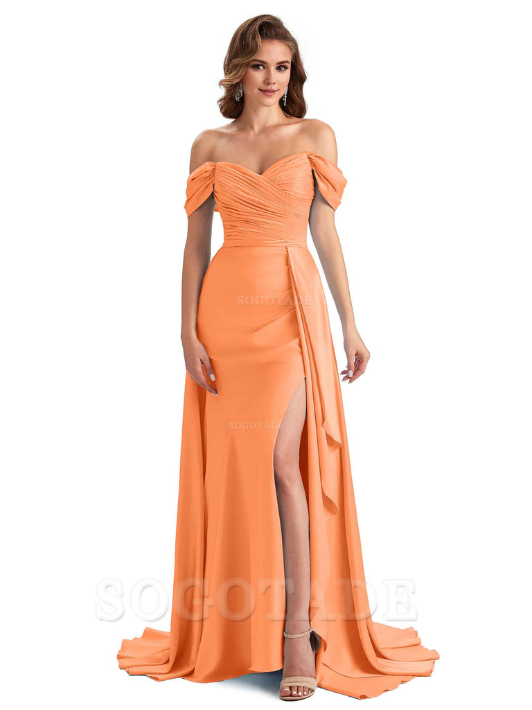 Sexy Side Slit Mermaid Soft Satin Off The Shoulder Long Unique Bridesmaid Dresses prom dress in store