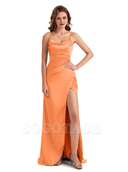 Soft Satin Side Slit Spaghetti Straps Sexy Wedding Bridesmaid Dresses