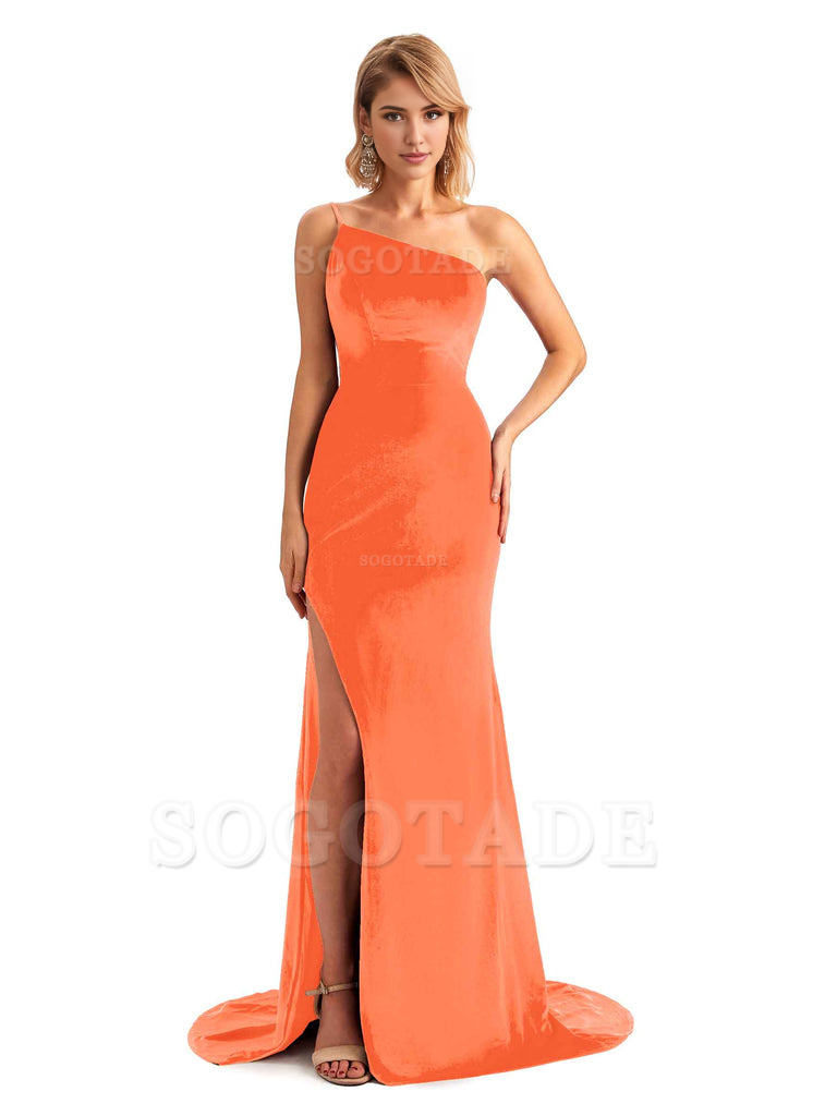 Sexy Side Slit Mermaid Spaghetti Straps One Shoulder Formal Velvet Long Bridesmaid Dresses