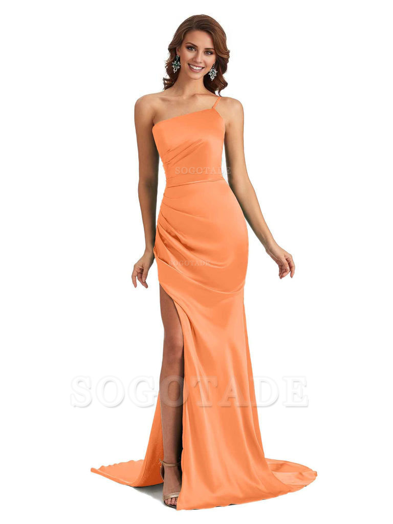Sexy Silky Satin Side Slit One Shoulder Unique Long Wedding Guest Maxi Dresses
