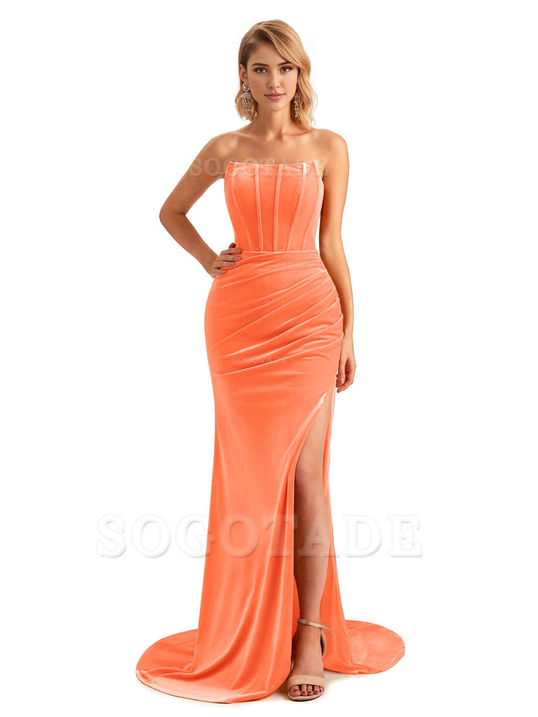  Sexy Side Hight Slit Sleeveless Mermaid Strapless Velvet Long Bridesmaid Dresses Online