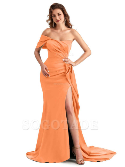 Sexy Side Slit Mermaid Silky Satin One Shoulder Chic Long Maid Of Honor Dresses