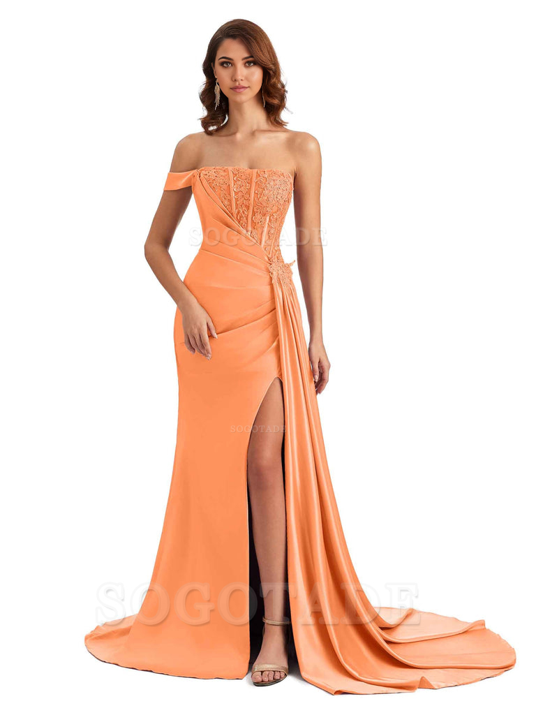 Mermaid Off Shoulder Applique formal dresses evening gown Bridesmaid Dresses With Side Slit 