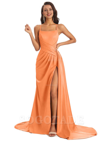 Sexy Soft Satin Side Slit Spaghetti Straps Long Maxi Bridesmaid Dresses prom shop dresses