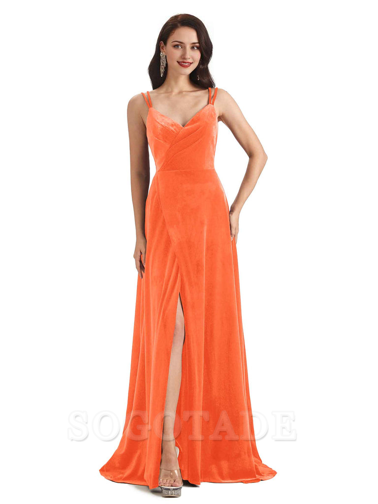 Sexy Velvet Long Bridesmaid Dresses Spaghetti Straps Open Back with Side Slit