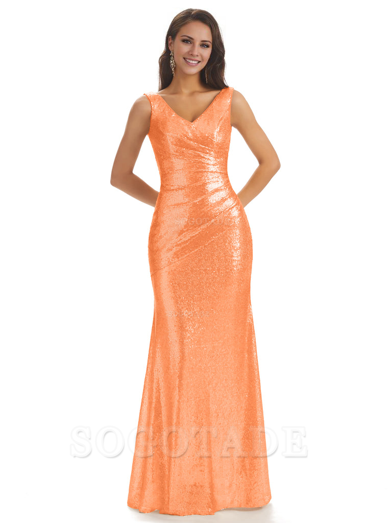Sexy Sequin V-Neck Sparkly Long Mermaid Bridesmaid Dresses Charming Evening Party Dress