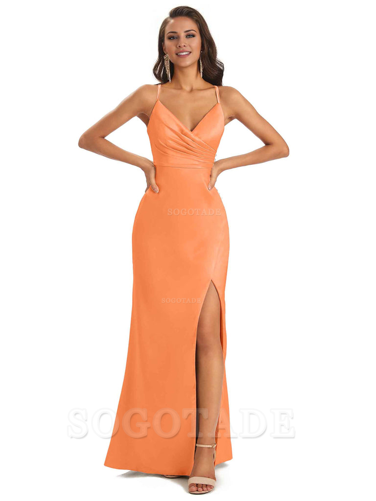 Soft Satin Side Slit Spaghetti Straps Long Unique Mermaid Bridesmaid Dresses Elegant Evening Party Dress