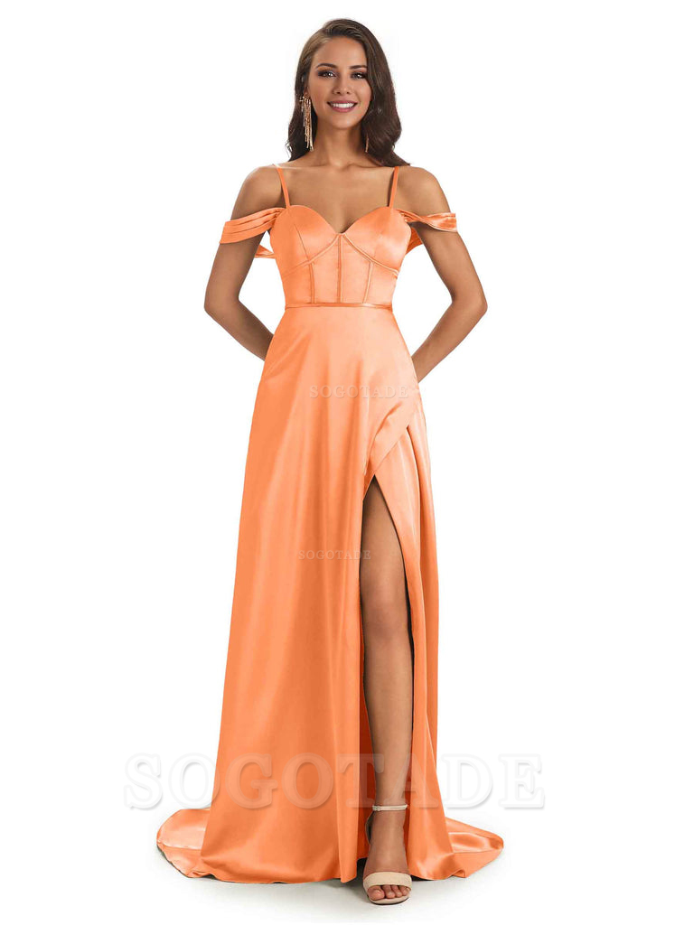 Stylish Soft Satin Side Slit Spaghetti Straps Bridesmaid Dresses Elegant Evening Party Dress