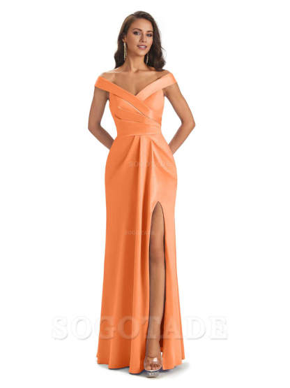 Sexy Soft Side Slit Off Shoulder V-Neck Long Satin Ladies Bridesmaid Dresses Elegant Evening Party Dress