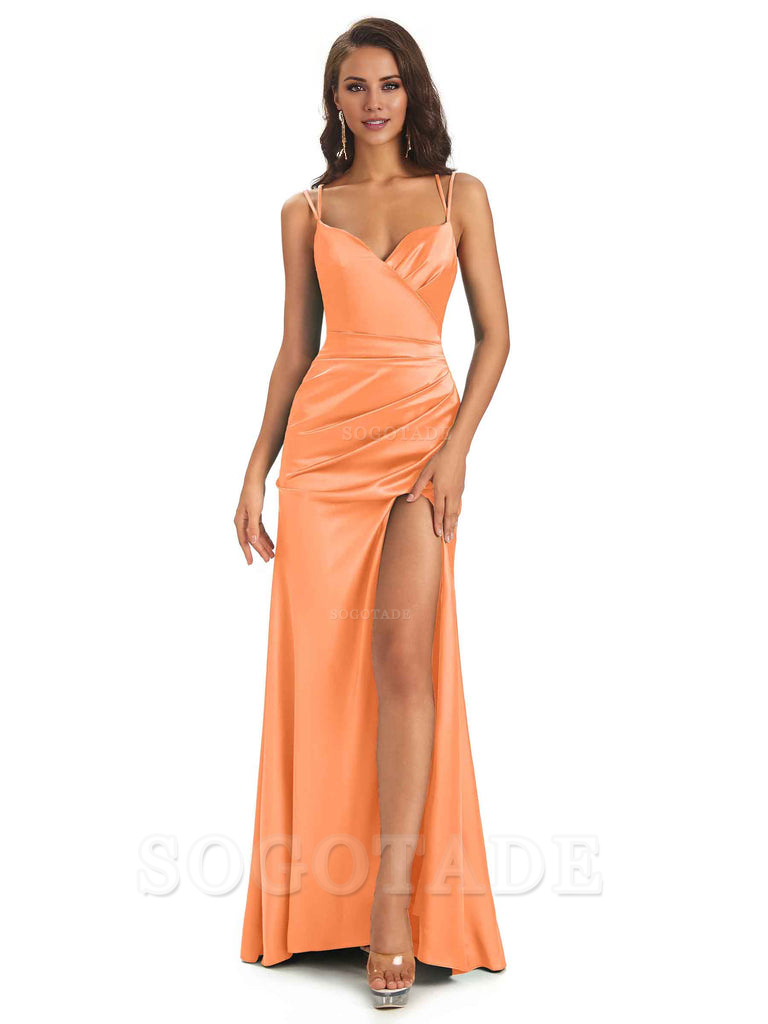 Sexy Soft Satin Side Slit Spaghetti Straps Long Maxi Mermaid Bridesmaid Dresses Elegant Evening Party Dress
