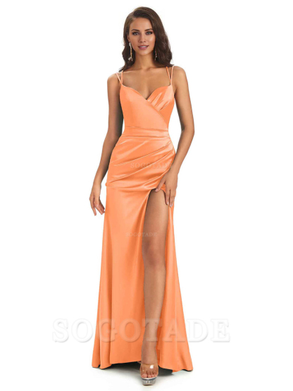 Sexy Soft Satin Side Slit Spaghetti Straps Long Maxi Mermaid Bridesmaid Dresses Elegant Evening Party Dress