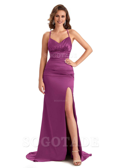 Sexy Mermaid Silky Satin Side Slit One Shoulder Unique Long Wedding Guest Dresses