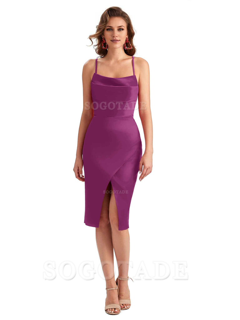 Elegant Spaghetti Straps Mermaid Soft Satin Knee Length Short Bridesmaid Dresses