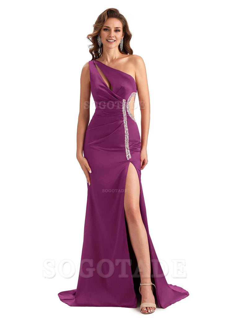 Sexy Side Slit Mermaid Soft Satin One Shoulder Lace Long Bridesmaid Dresses