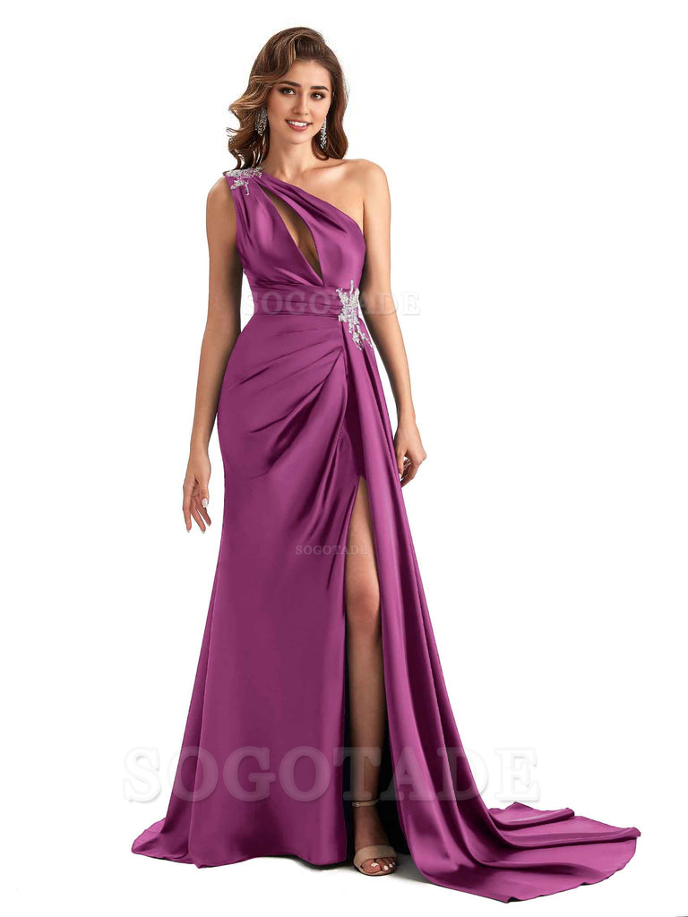 Sexy Side Slit Mermaid Soft Satin One Shoulder Lace Long Modern Bridesmaid Dresses