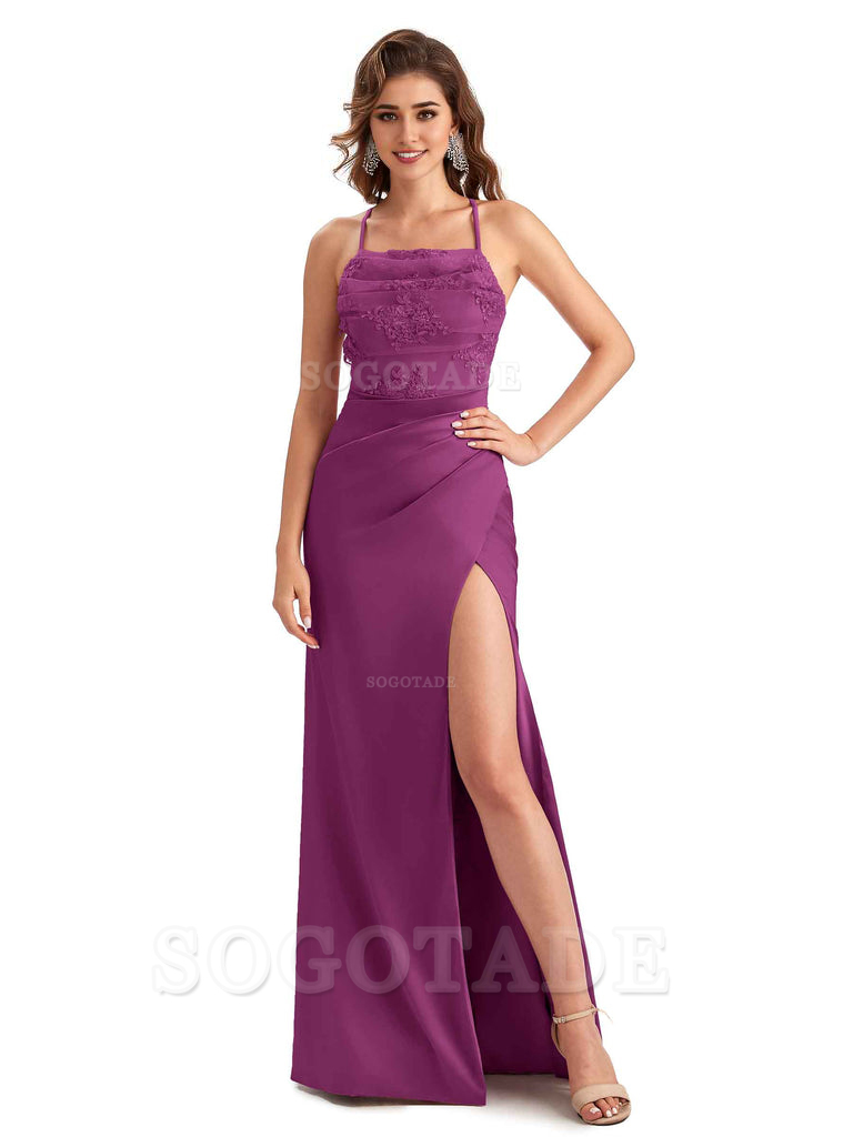 Sexy Side Slit Mermaid Lace Silky Satin Long Wedding Day Guest Dresses