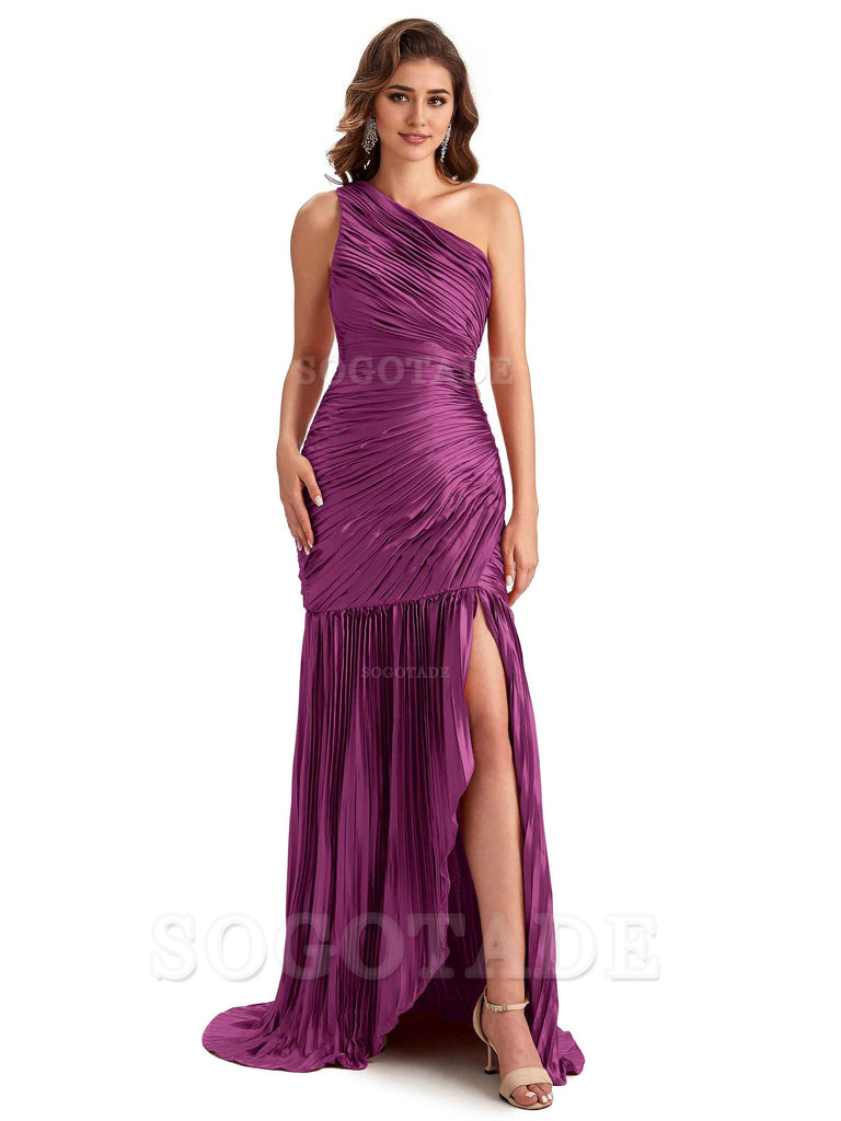 Sexy Side Slit Mermaid Soft Satin One Shoulder Long Ladies Bridesmaid Dresses Online