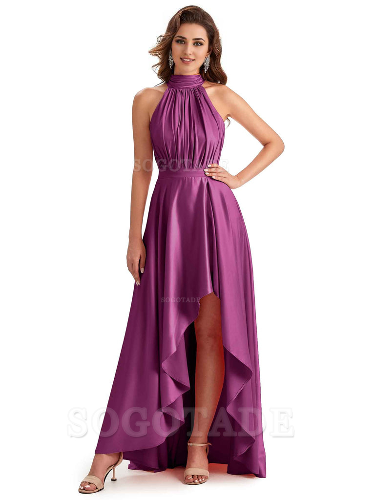 Soft Satin High Neck High Low A-Line Unique Bridesmaid Dresses Online