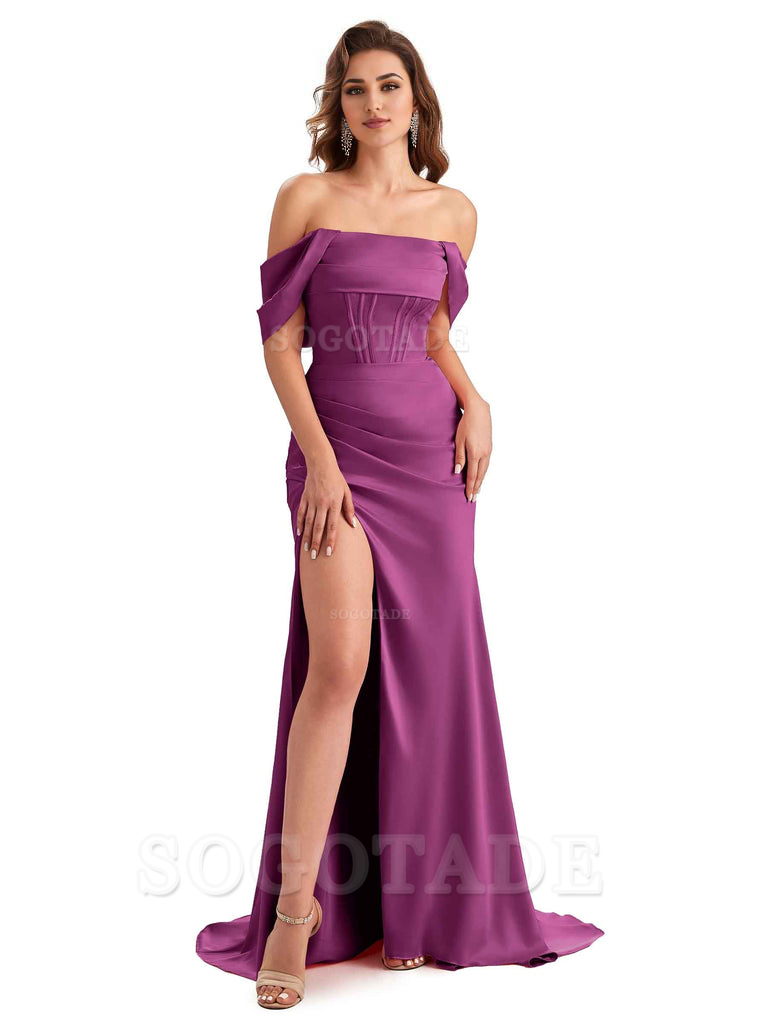 Sexy Side Slit Mermaid Soft Satin Off The Shoulder Unique Long Wedding Attendee Dresses