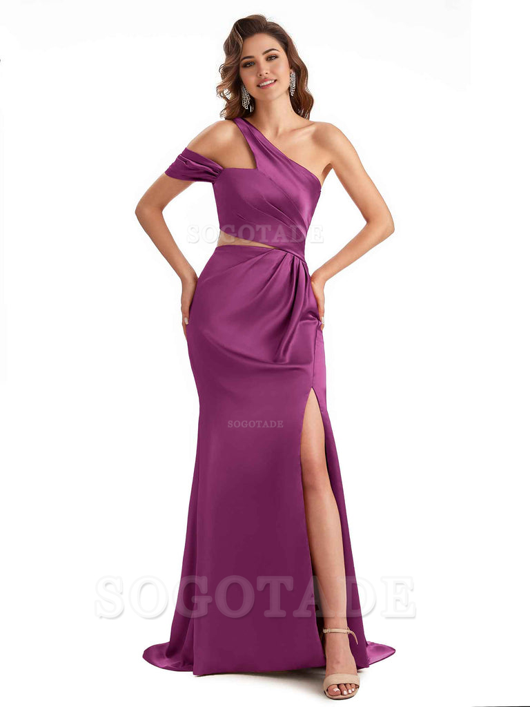 Sexy Side Slit Mermaid Soft Satin One Shoulder Long Unique Bridesmaid Dresses