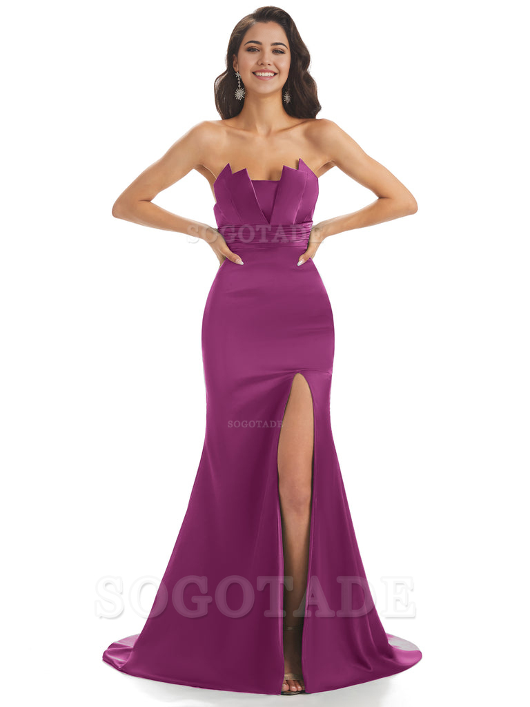 Mermaid sleeveless Satin formal dresses evening gown Bridesmaid Dresses With Side Slit 